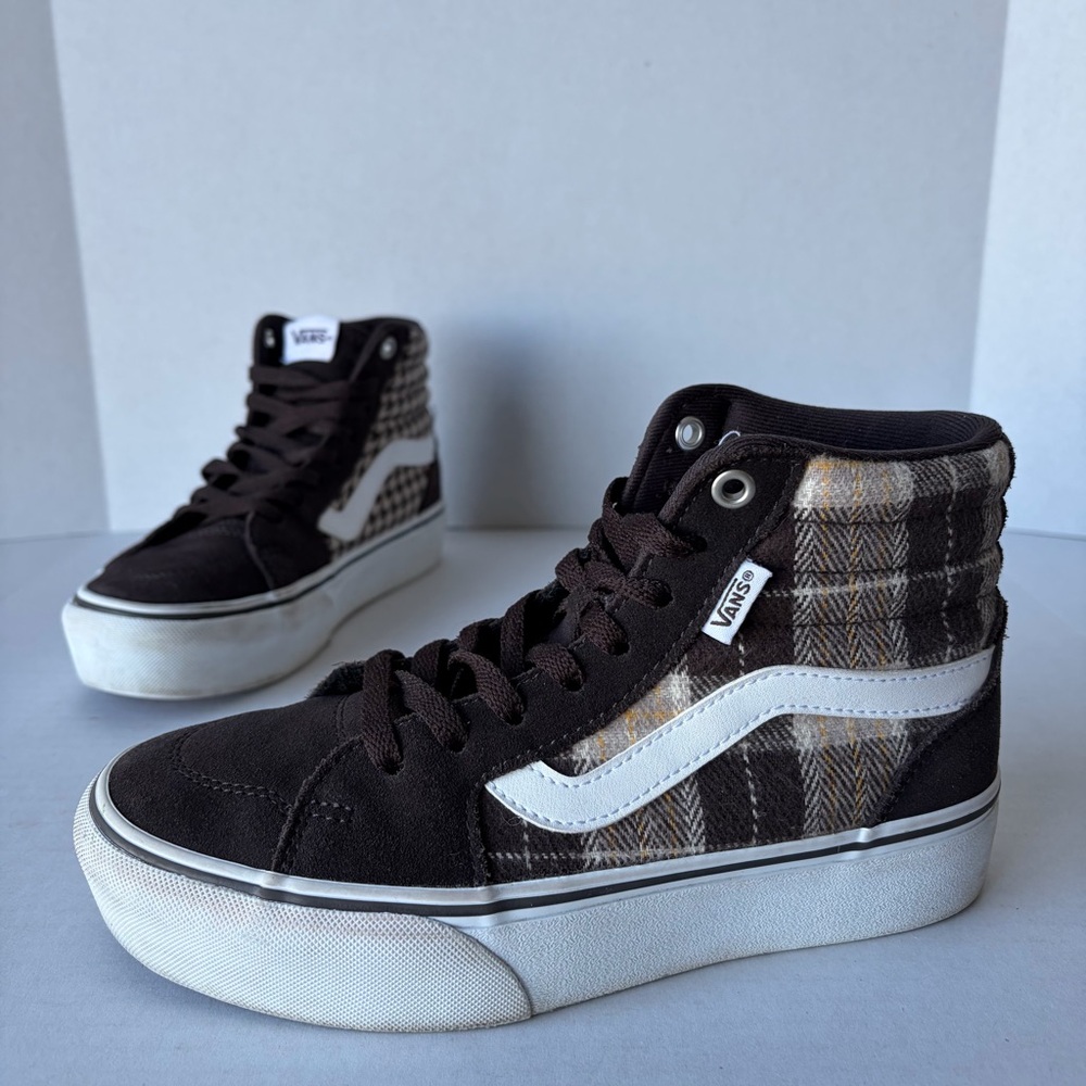 Vans Platform High-Top Plaid Houndstooth Brown Suede Skater Shoes Women’s 6